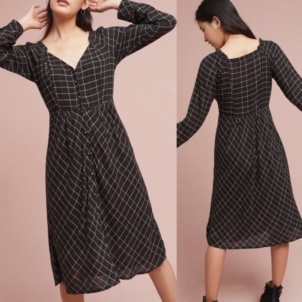 ANTHROPOLOGIE Annie Plaid Midi Dress Black {X15}